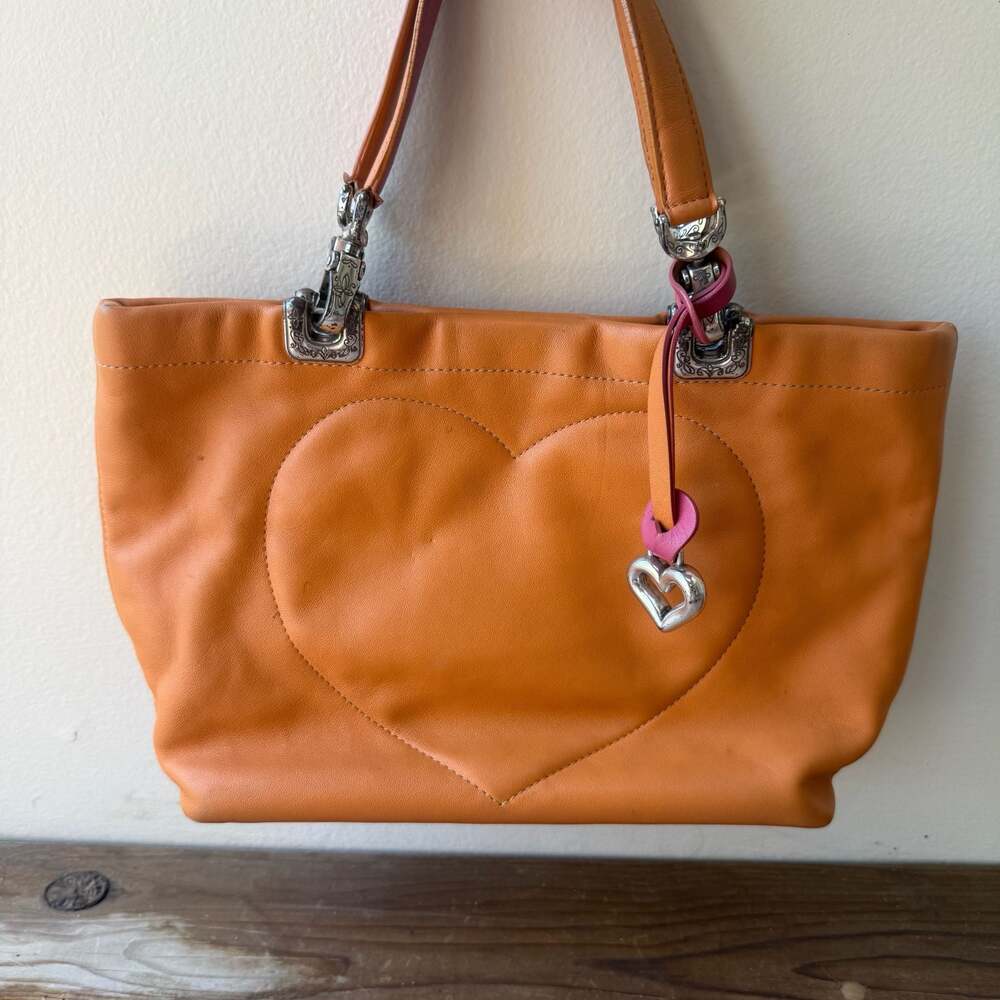 Brighton Vintage Orange Pink Leather Heart Tote Bag Reversible Victorian Lining